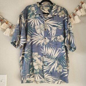 Tommy Bahama 100% Silk Floral  Blue Button Down Top Tropical Resortwear L